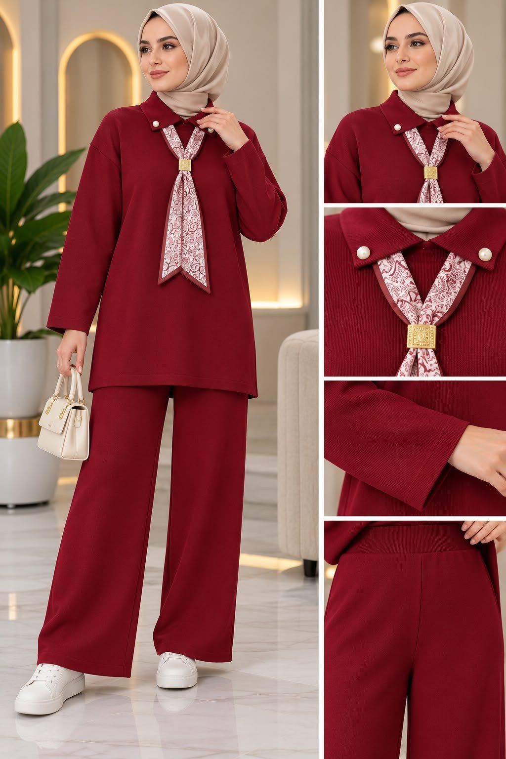 Kadın Tesettür Fular Detaylı Triko Pantolonlu Takım Bordo