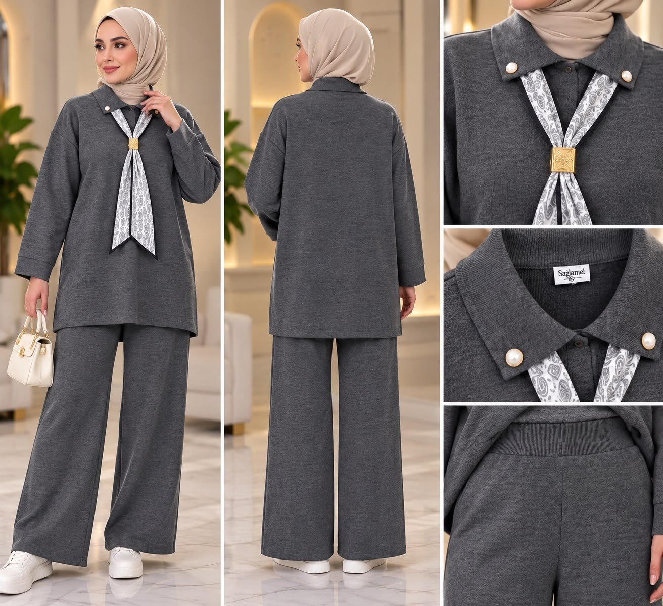 Kadın Tesettür Fular Detaylı Triko Pantolonlu Takım Gri