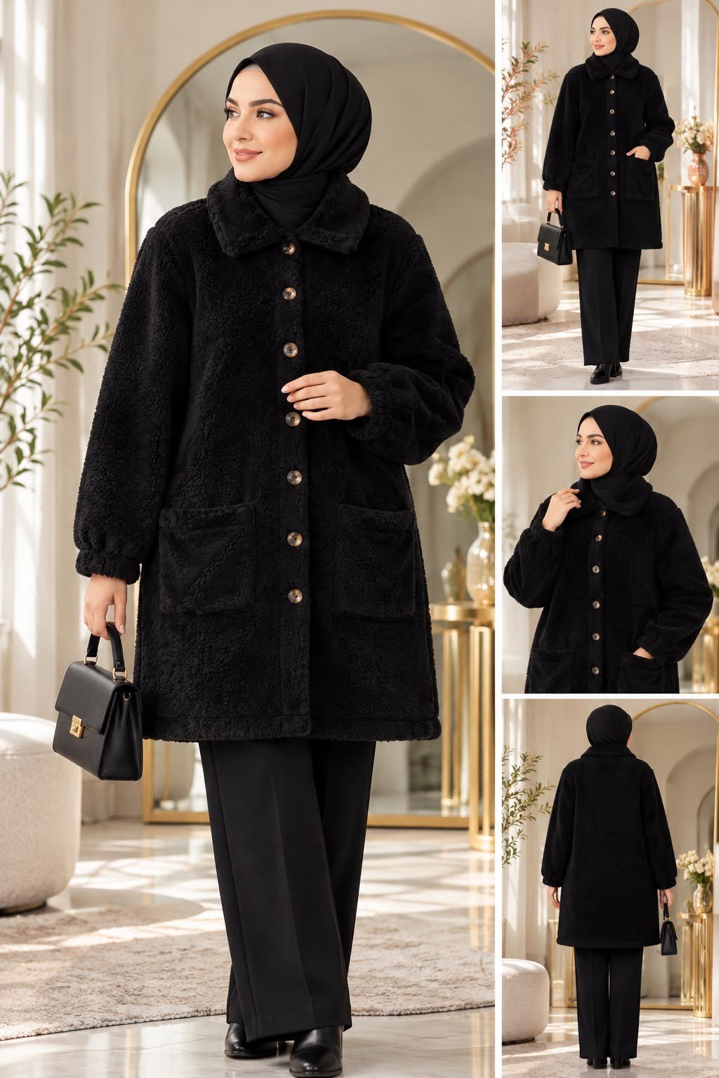 Kadın Tesettür Kapak Cepli Düğmeli Peluş Hırka Siyah