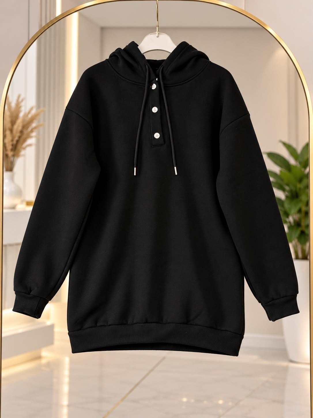 Kadın Tesettür Kapüşonlu Çıtçıtlı Sweatshirt Siyah