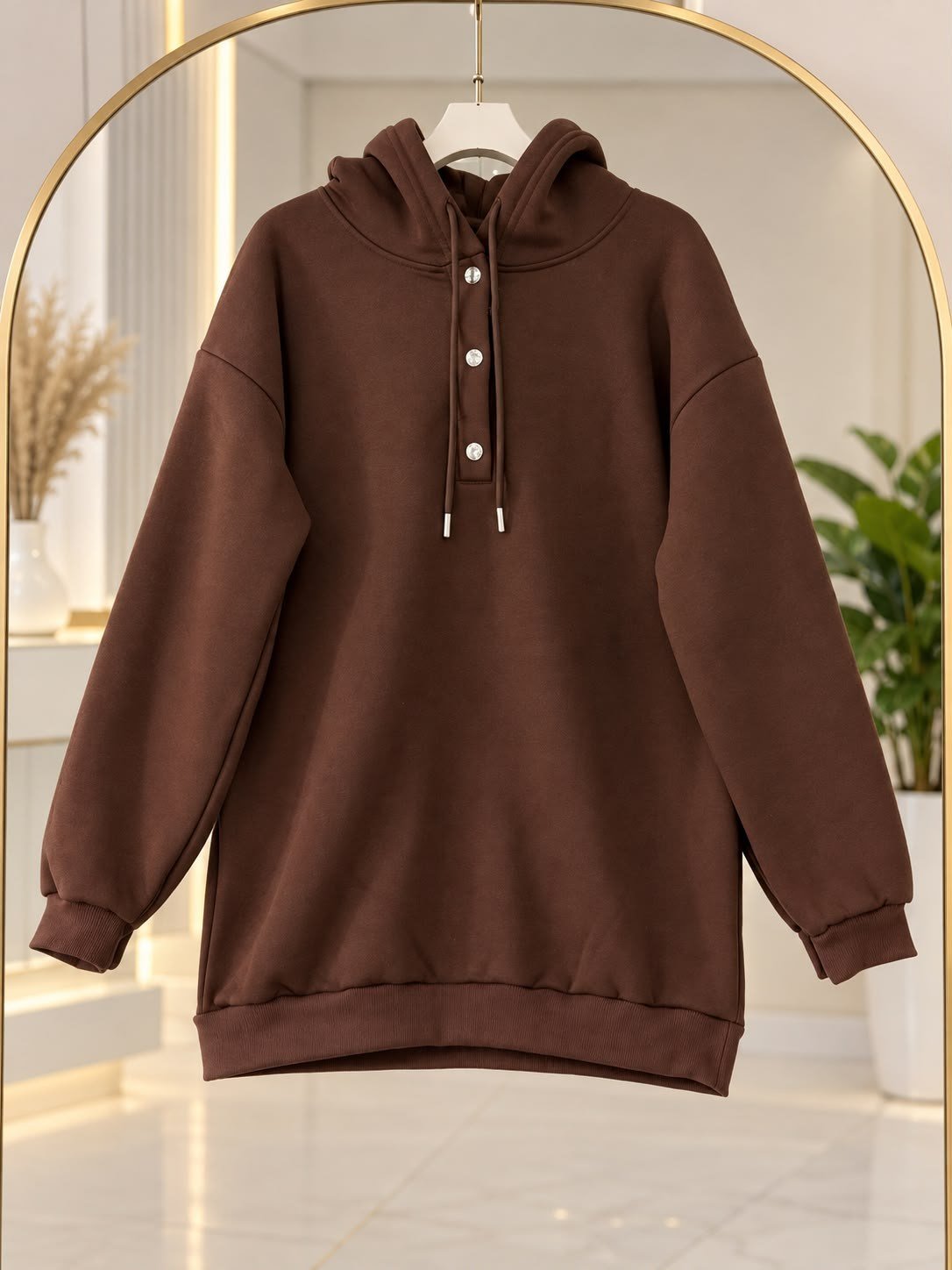 Kadın Tesettür Kapüşonlu Çıtçıtlı Sweatshirt Kahverengi
