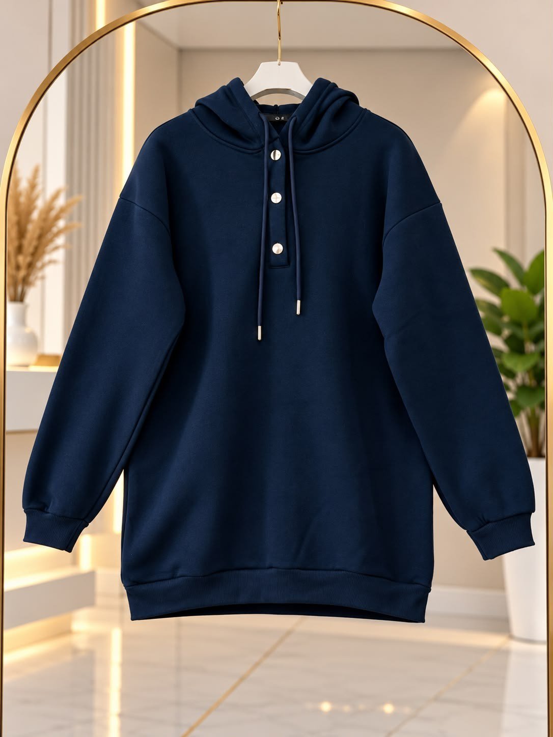 Kadın Tesettür Kapüşonlu Çıtçıtlı Sweatshirt Lacivert