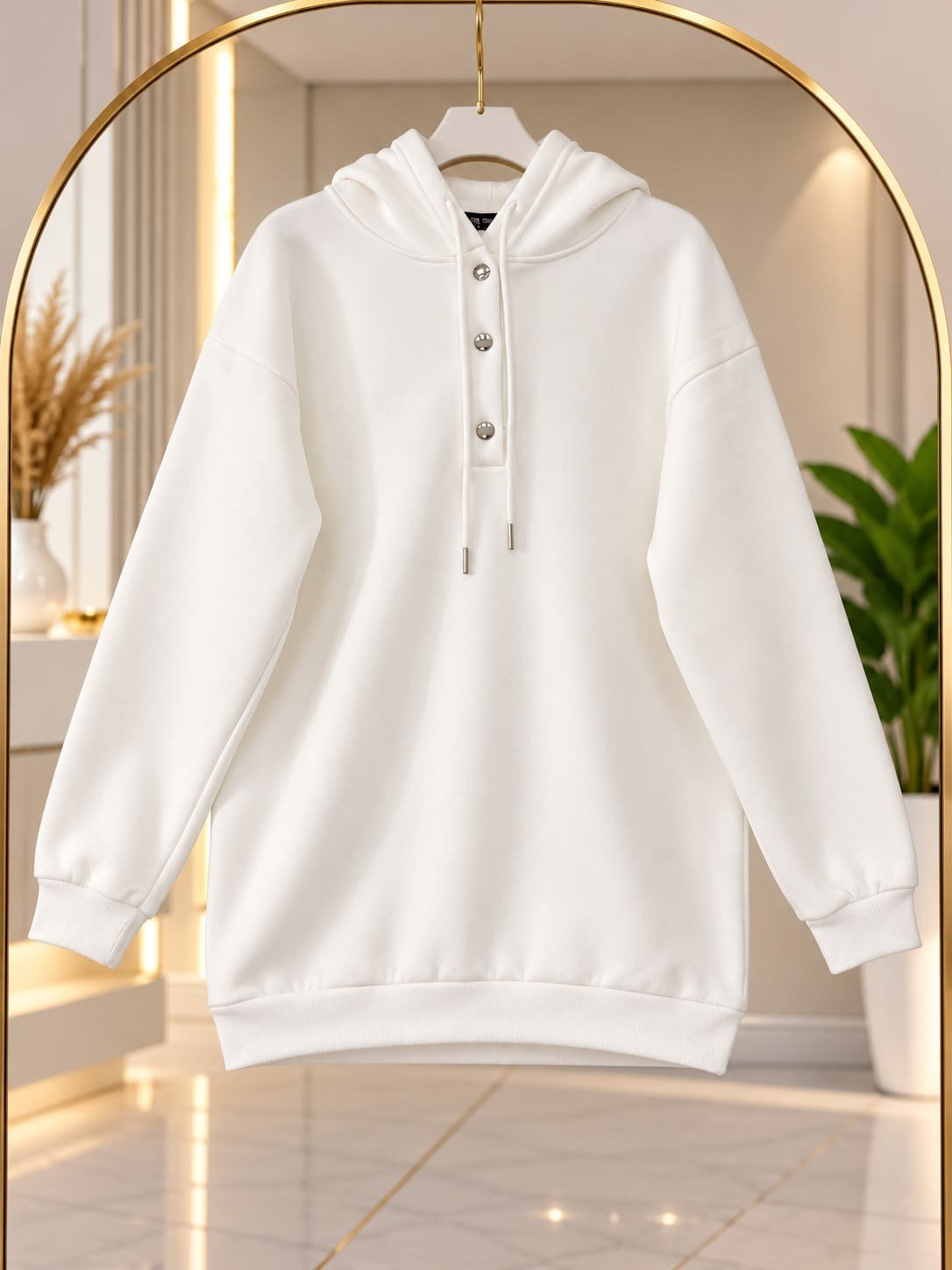 Kadın Tesettür Kapüşonlu Çıtçıtlı Sweatshirt Beyaz