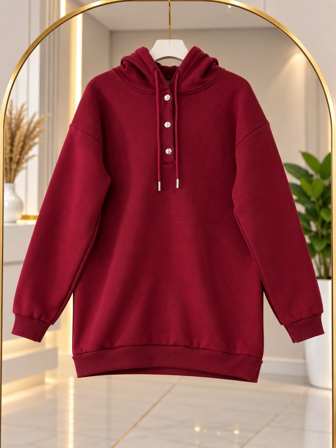 Kadın Tesettür Kapüşonlu Çıtçıtlı Sweatshirt Bordo