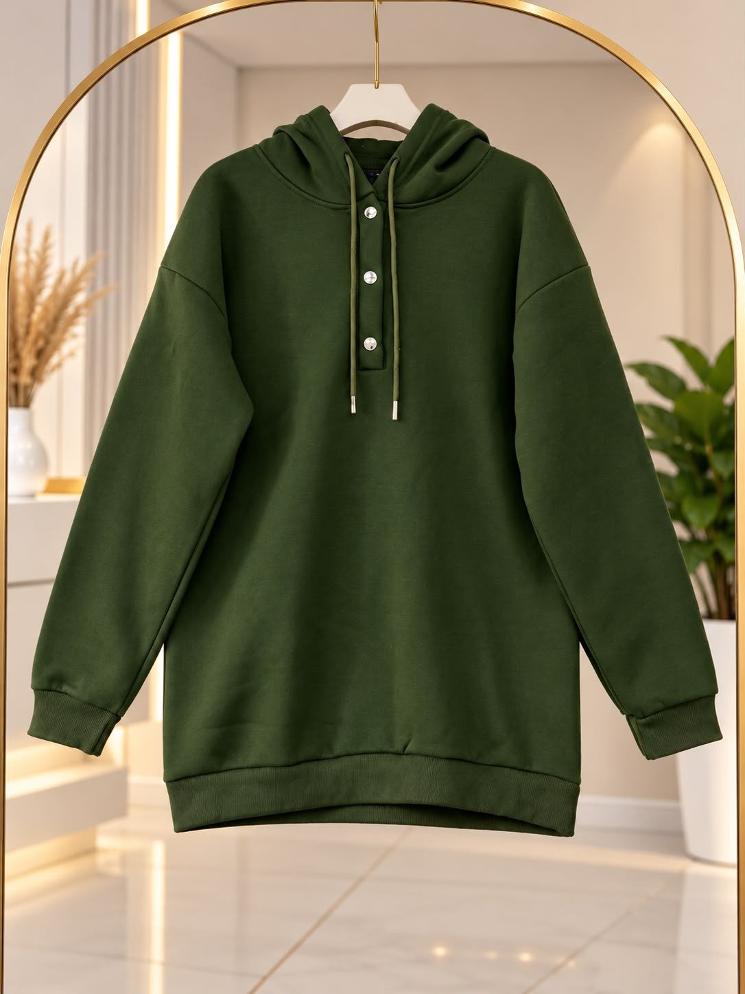 Kadın Tesettür Kapüşonlu Çıtçıtlı Sweatshirt Haki