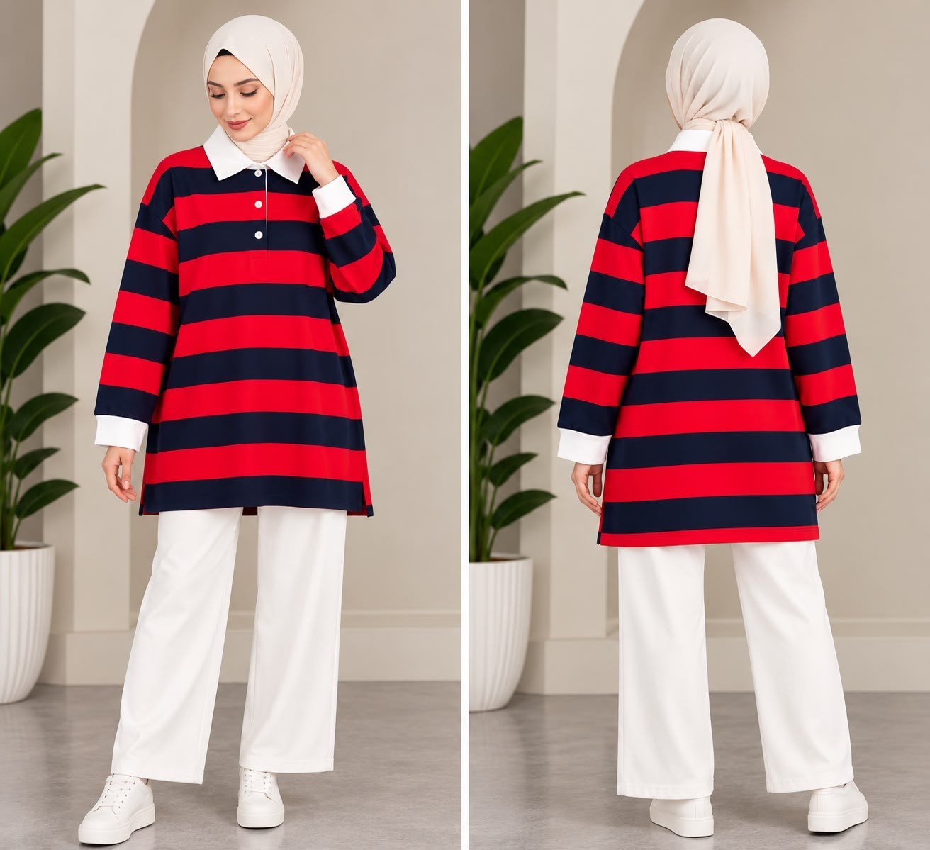 Kadın Tesettür Trend Kalın Çizgili Tunik Pantolonlu Takım Kırmızı