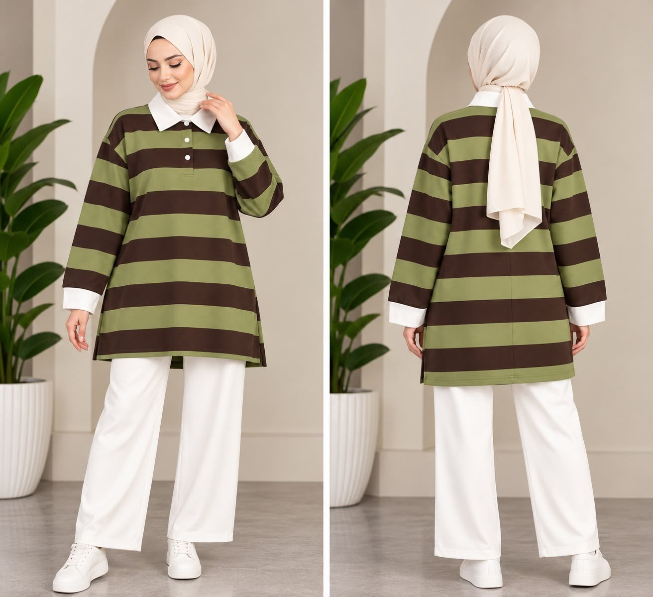 Kadın Tesettür Trend Kalın Çizgili Tunik Pantolonlu Takım Haki