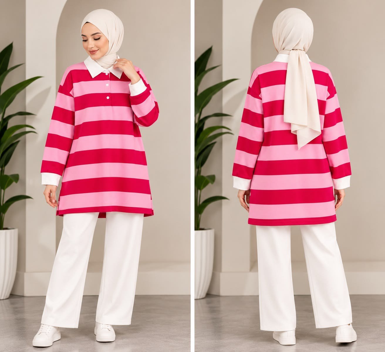 Kadın Tesettür Trend Kalın Çizgili Tunik Pantolonlu Takım Pembe