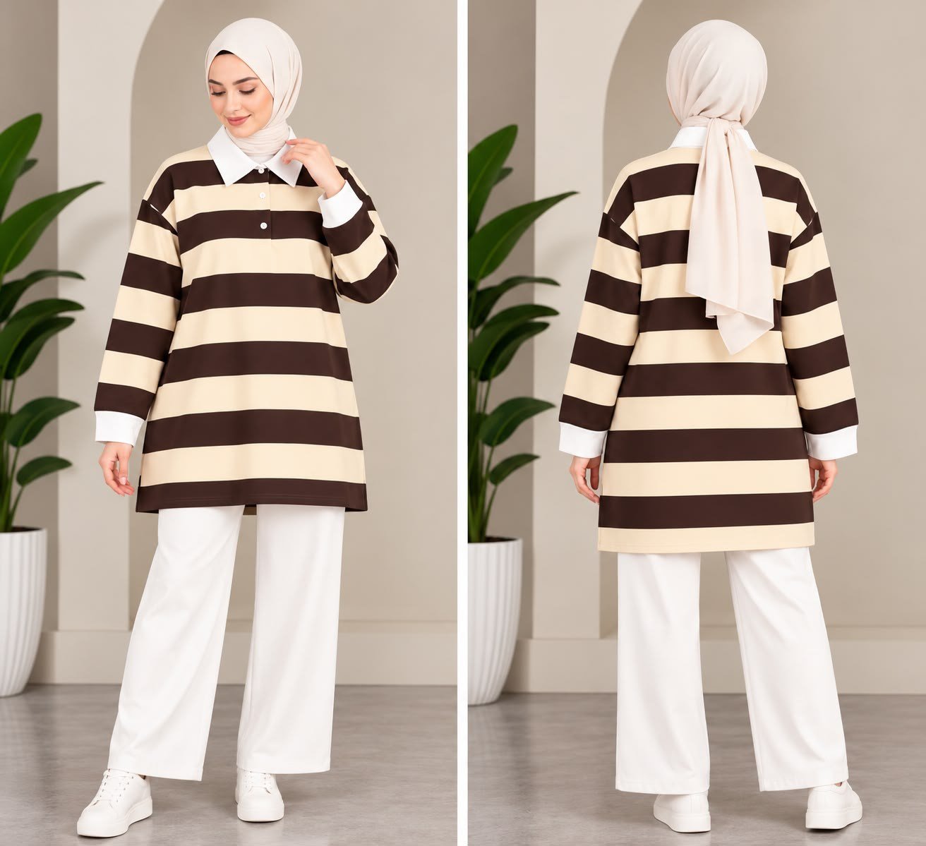 Kadın Tesettür Trend Kalın Çizgili Tunik Pantolonlu Takım Sarı