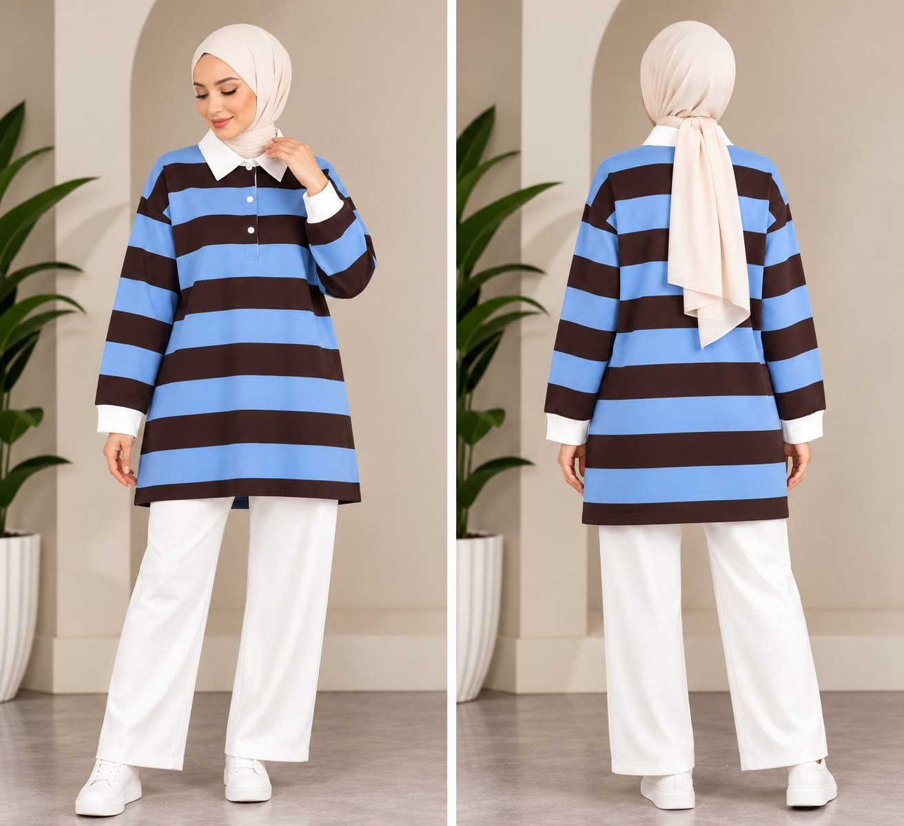 Kadın Tesettür Trend Kalın Çizgili Tunik Pantolonlu Takım Mavi