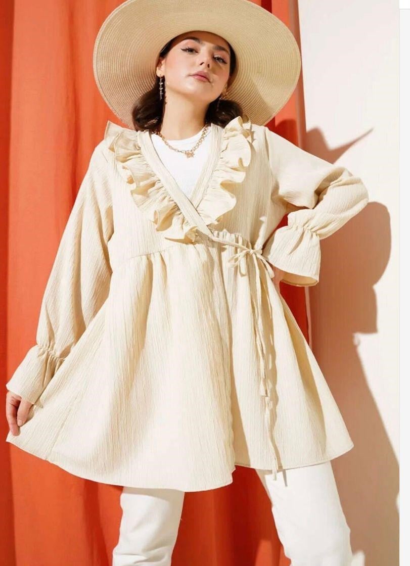 Kadın Yaka Fırfırlı Kimono Bej