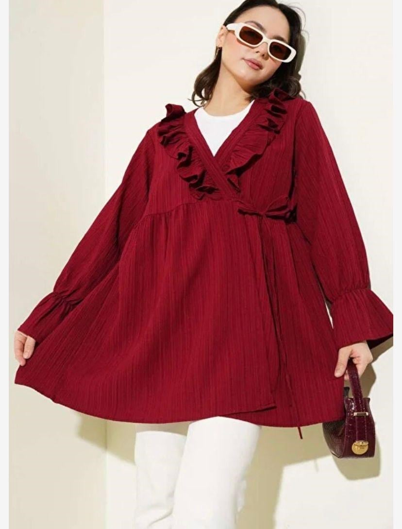 Kadın Yaka Fırfırlı Kimono Bordo