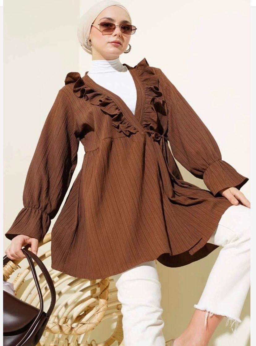 Kadın Yaka Fırfırlı Kimono Kahverengi