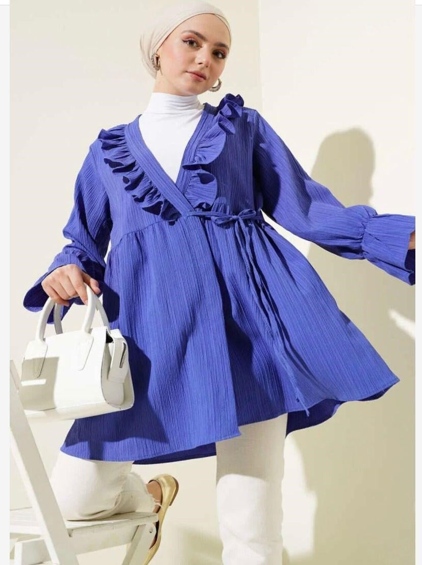 Kadın Yaka Fırfırlı Kimono Mavi