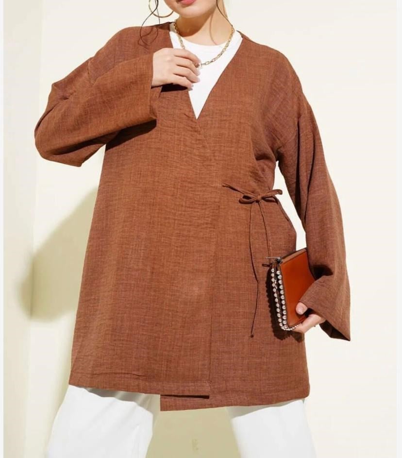 Kadın Yan Bağcıklı Kimono Kahverengi
