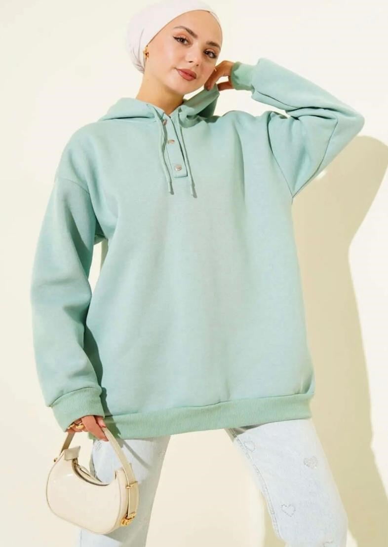 Kadın Yarım Pat Düğmeli Sweatshirt Yeşil