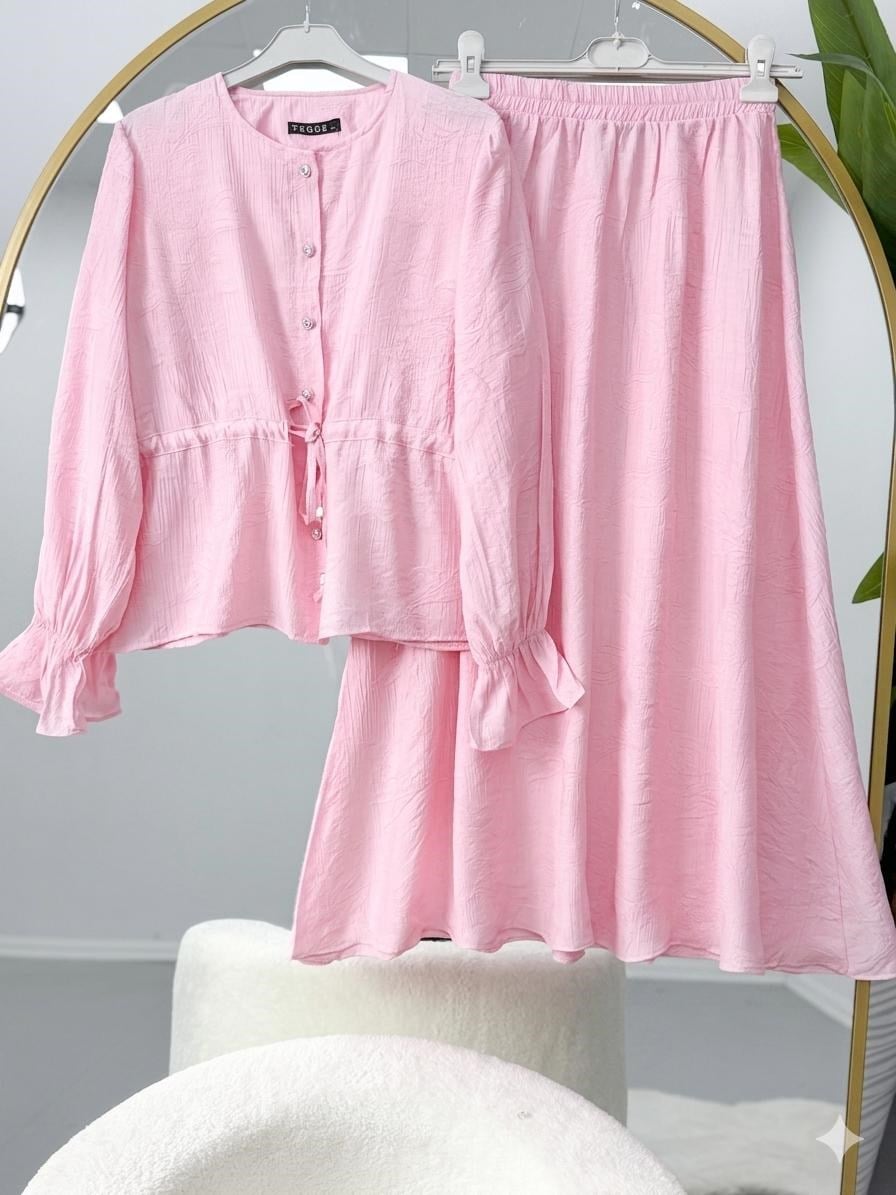 Kolları Büzgülü Belden Bağlamalı Tesettür Etekli Takım  Pembe