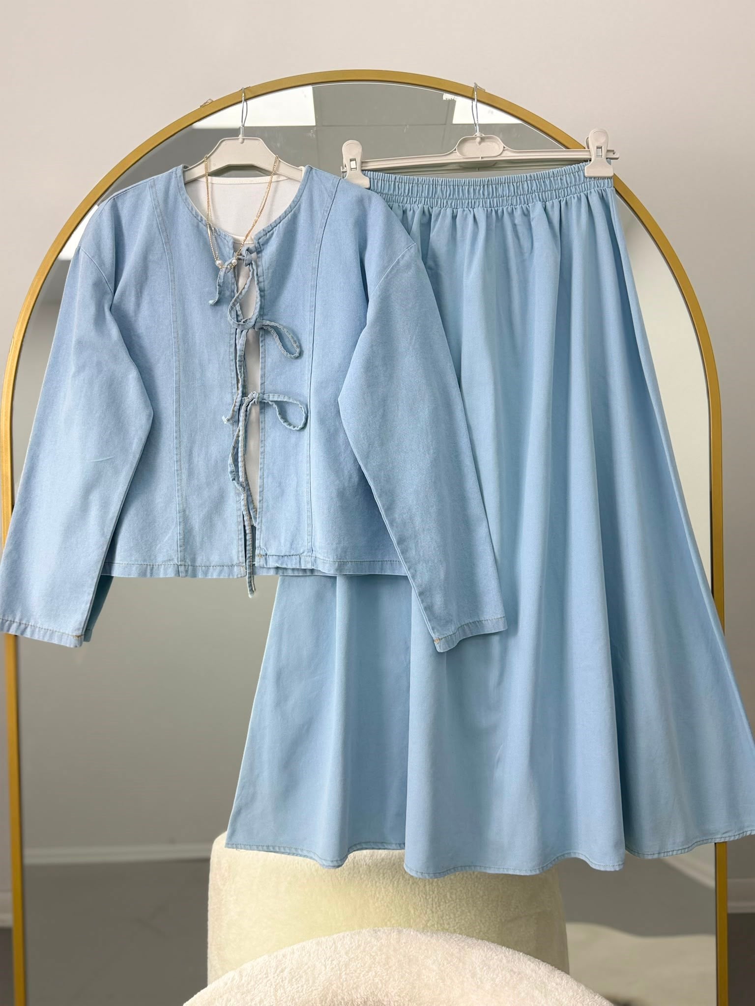 Kurdele Bağlamalı Denim Takım Açık Mavi