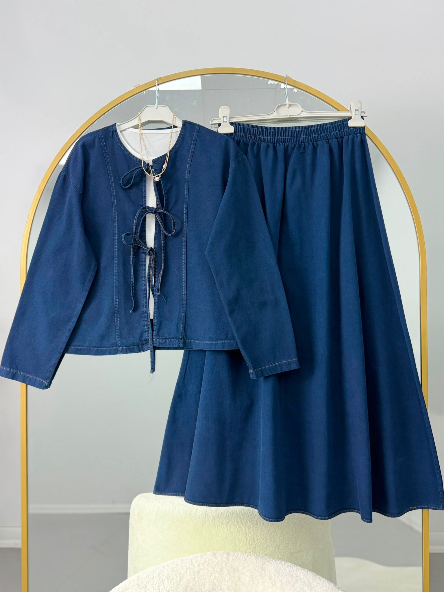 Kurdele Bağlamalı Denim Takım Lacivert