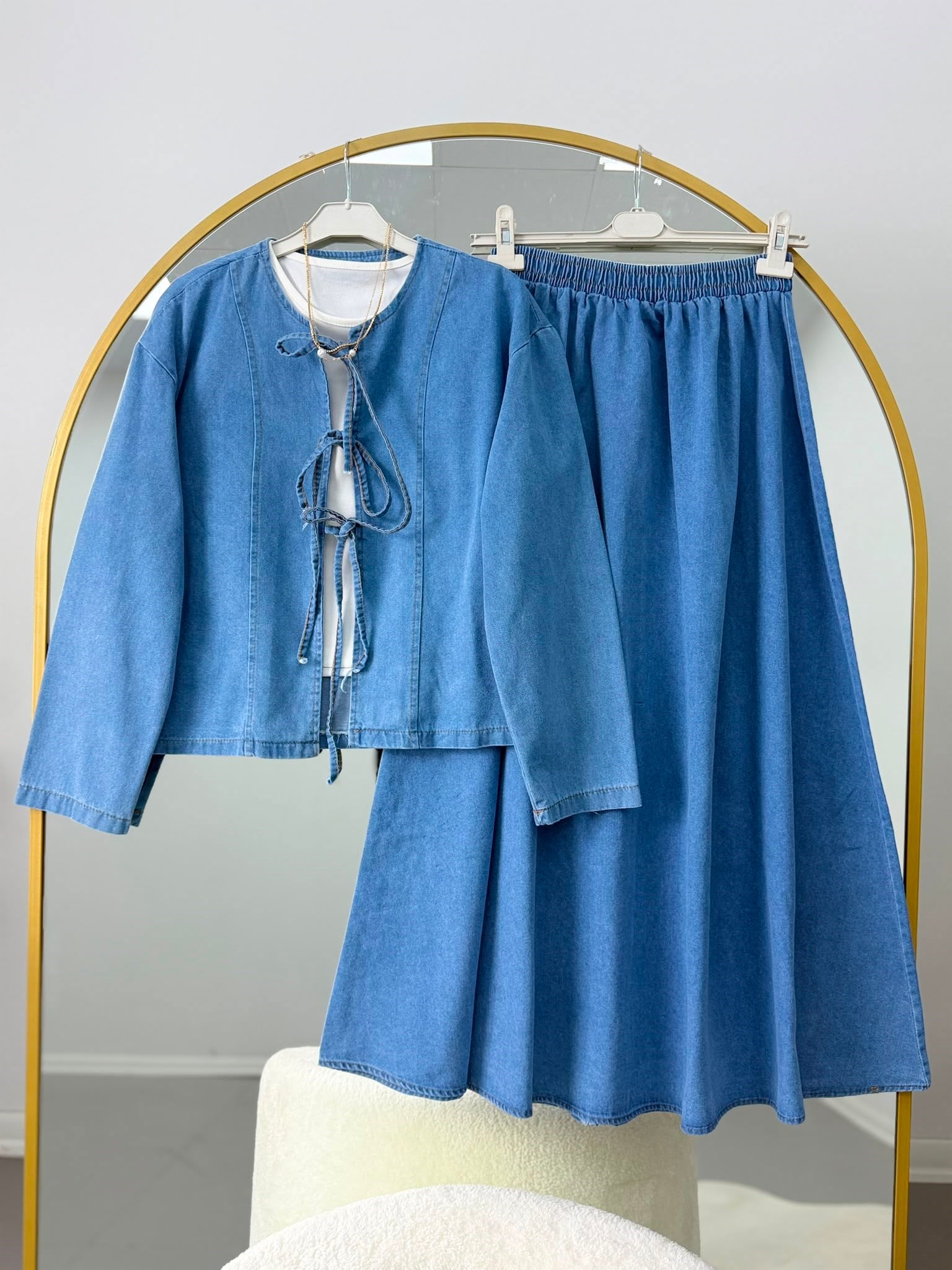 Kurdele Bağlamalı Denim Takım Mavi