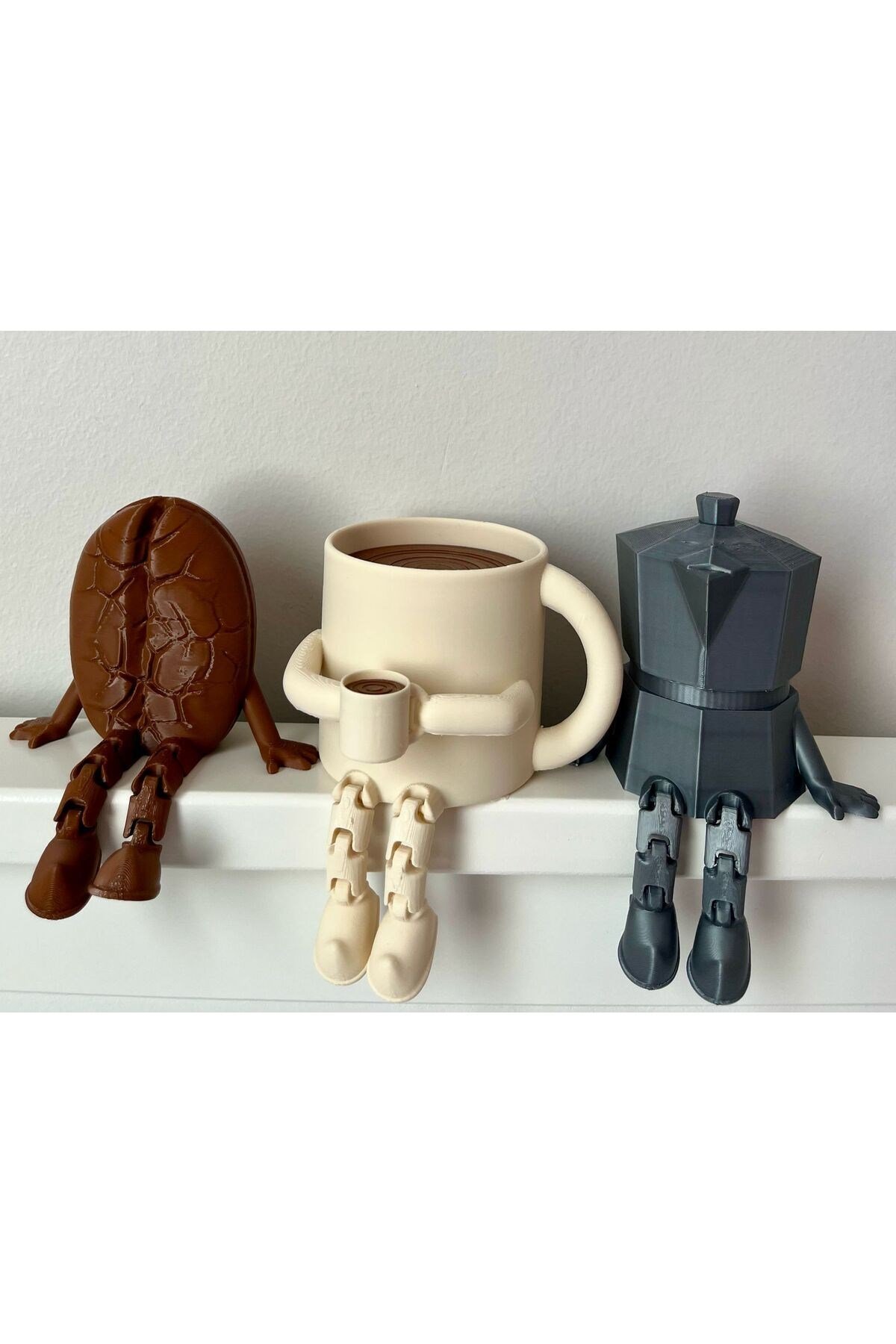 Kahve Köşesi Biblo Seti 3lü, Kahve Çekirdeği, Bej Kahve Kupası, Moka Pot, Coffee Set 8cm