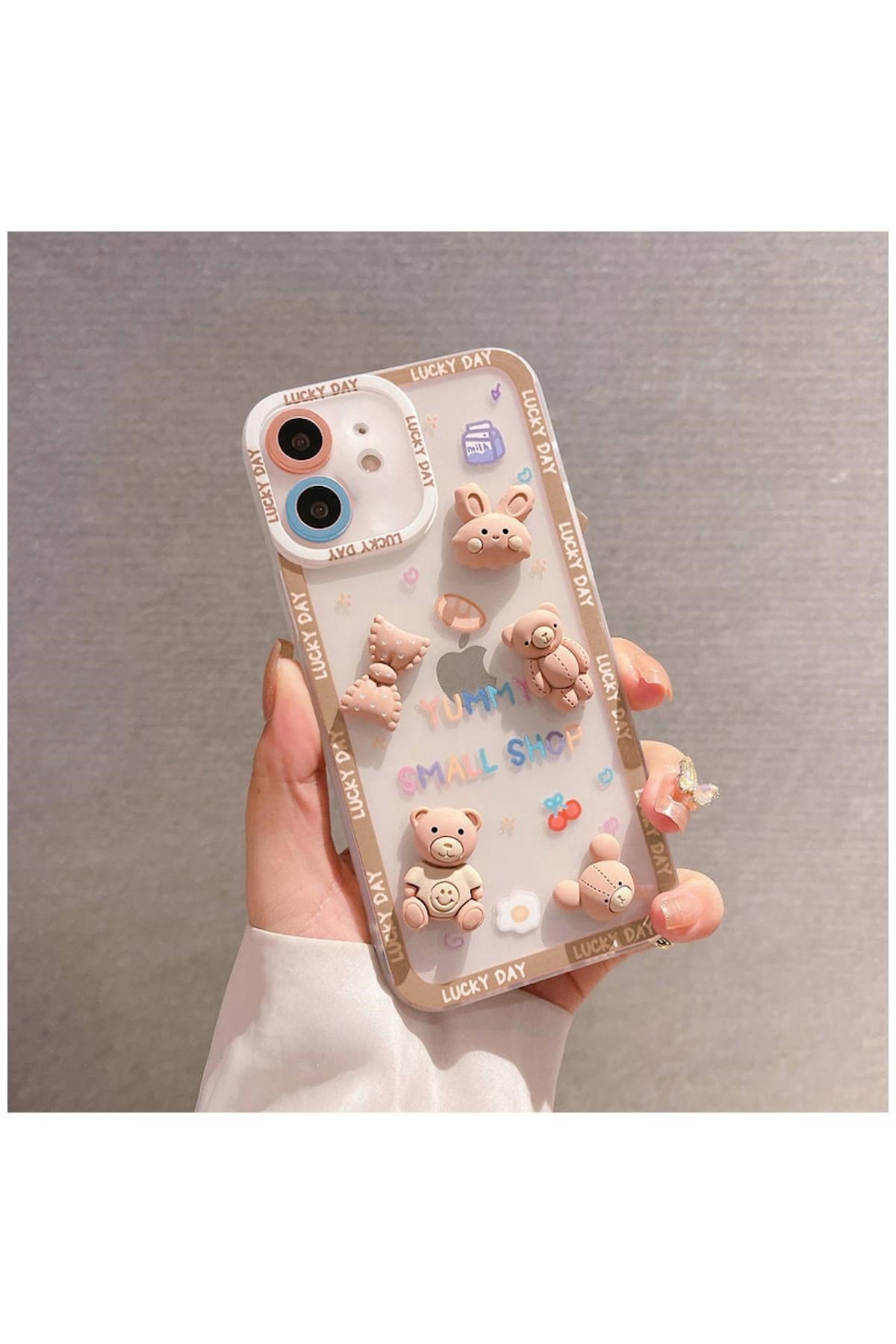 Apple iPhone 11 Uyumlu Kılıf Bear and Rabbit Silikon Kılıf Kahverengi