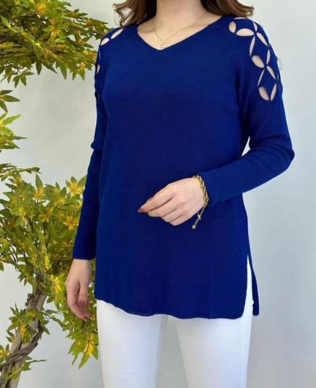 MAVİ KOLU BAKLAVA DESEN KAZAK