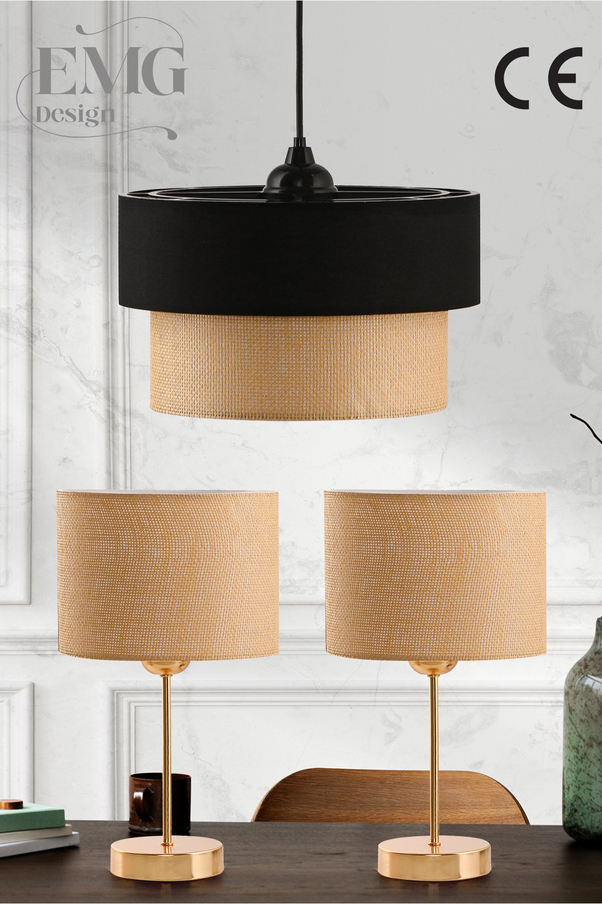 3Lü Set Avize ve Komodin üstü Abajur