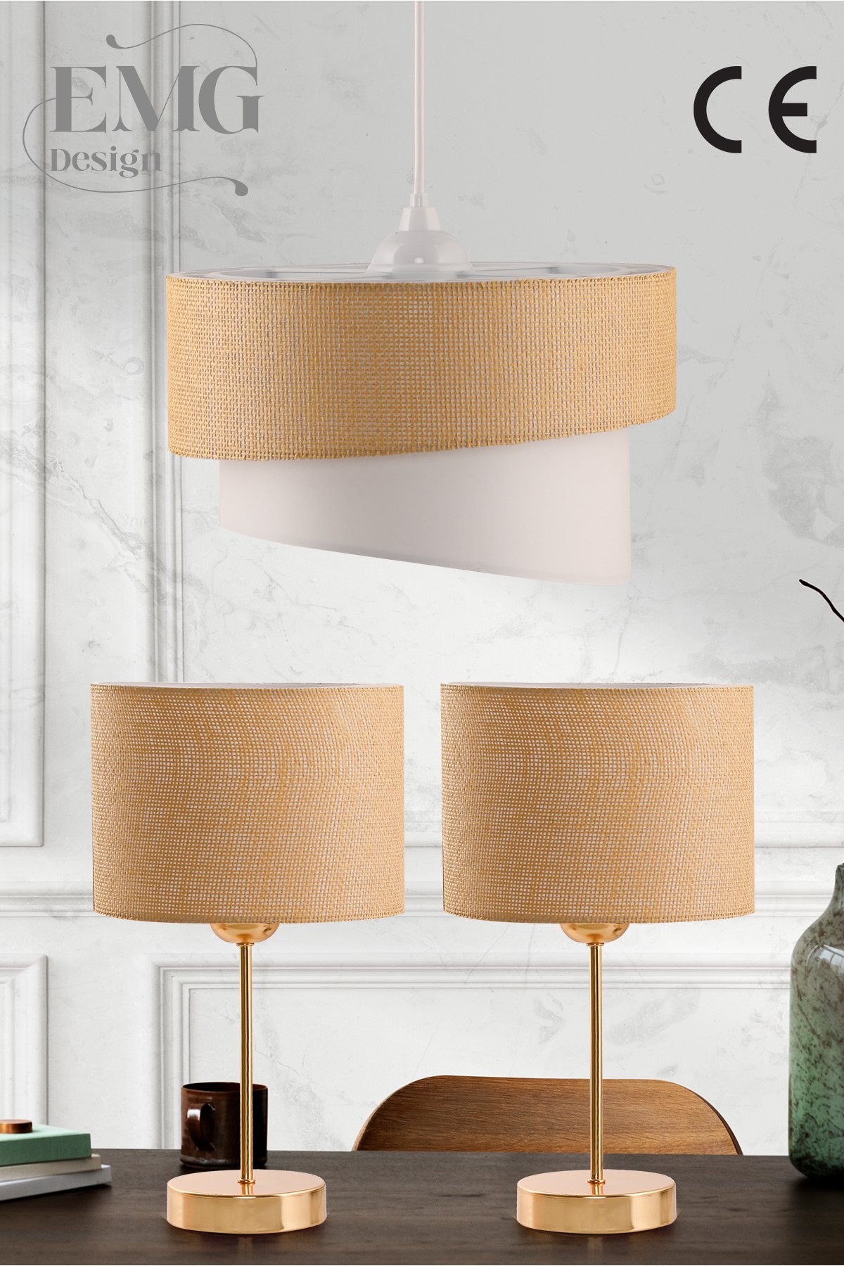 Kumaş Galaksi Modern Pasta Tekli ve 2 Li Gold Abajur Seti GalaxiSet