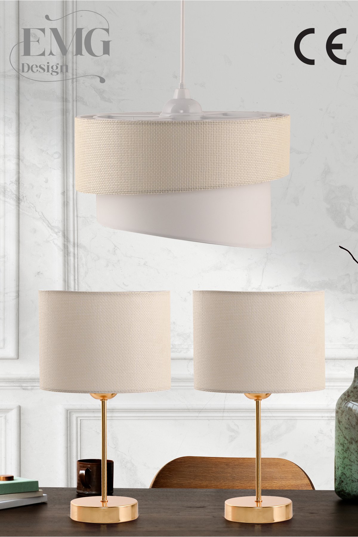 Kumaş Galaksi Modern Pasta Tekli Ve 2 Li Gold Abajur Seti GalaxiSet