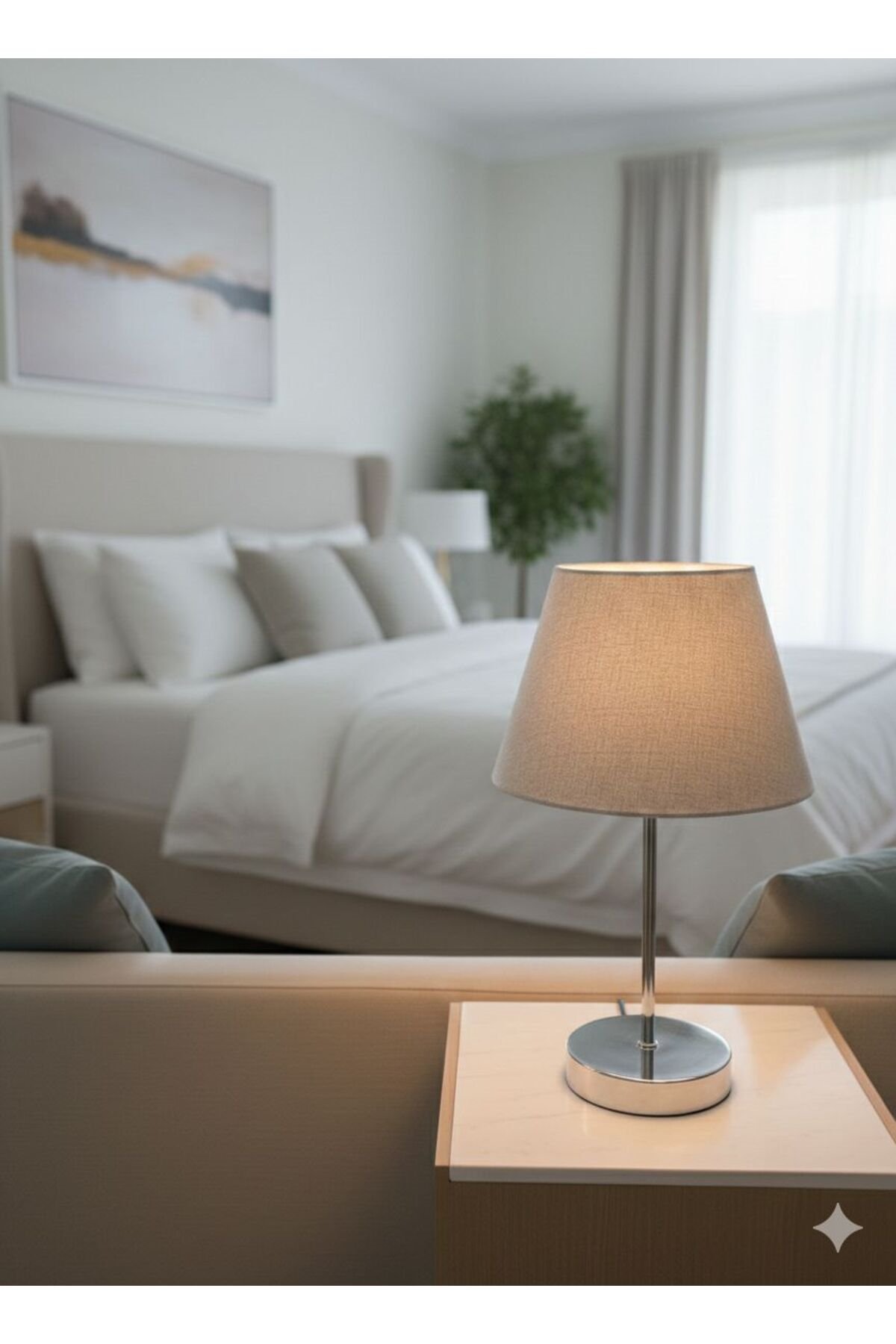 Leola Krom Ayak Gri Slindir Şapka Modern Abajur Gece Lambası