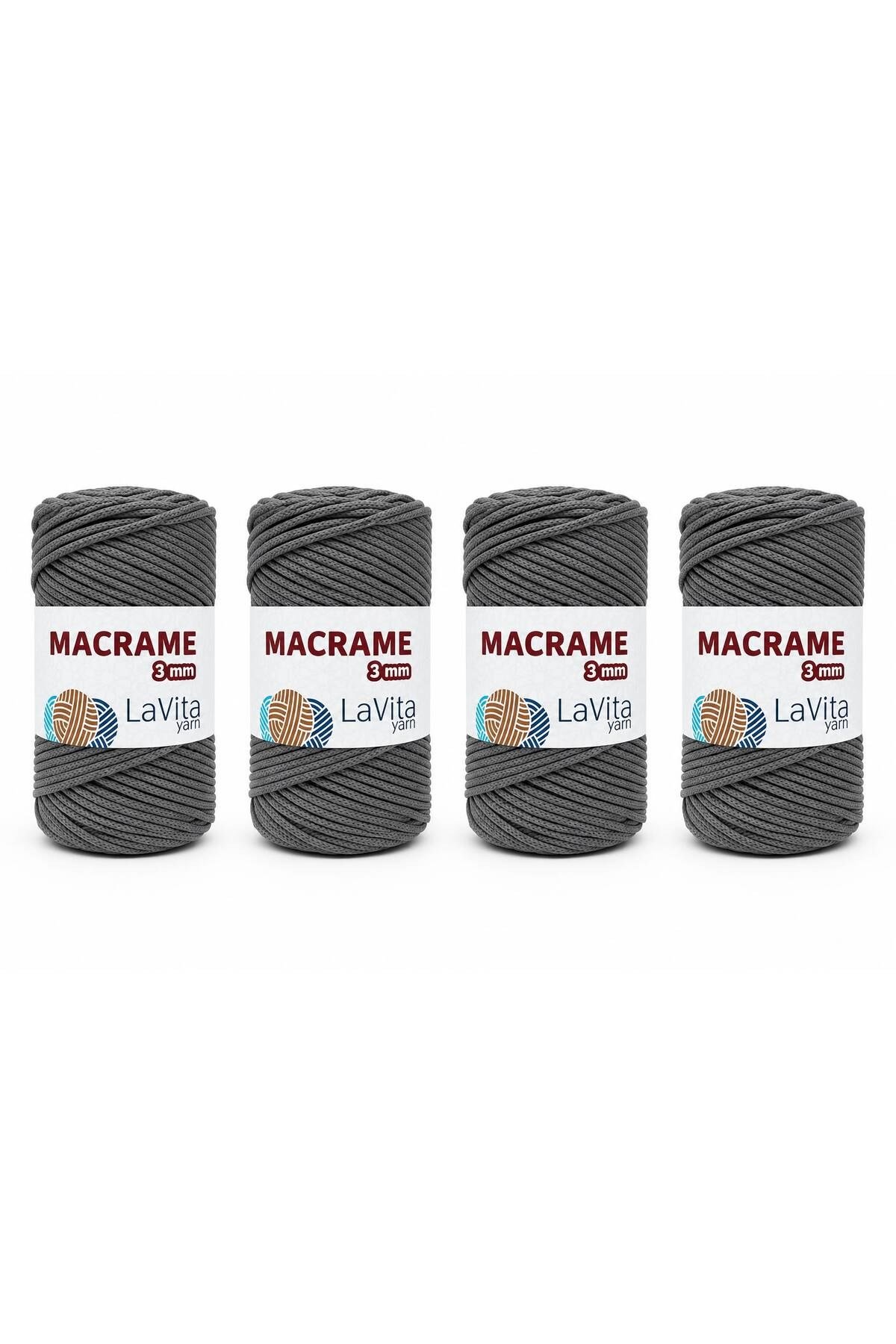 LaVita Macrame El Örgü İpi %100 Polyester 3MM 1 KİLOGRAM 4 ADET (420 GRİ)