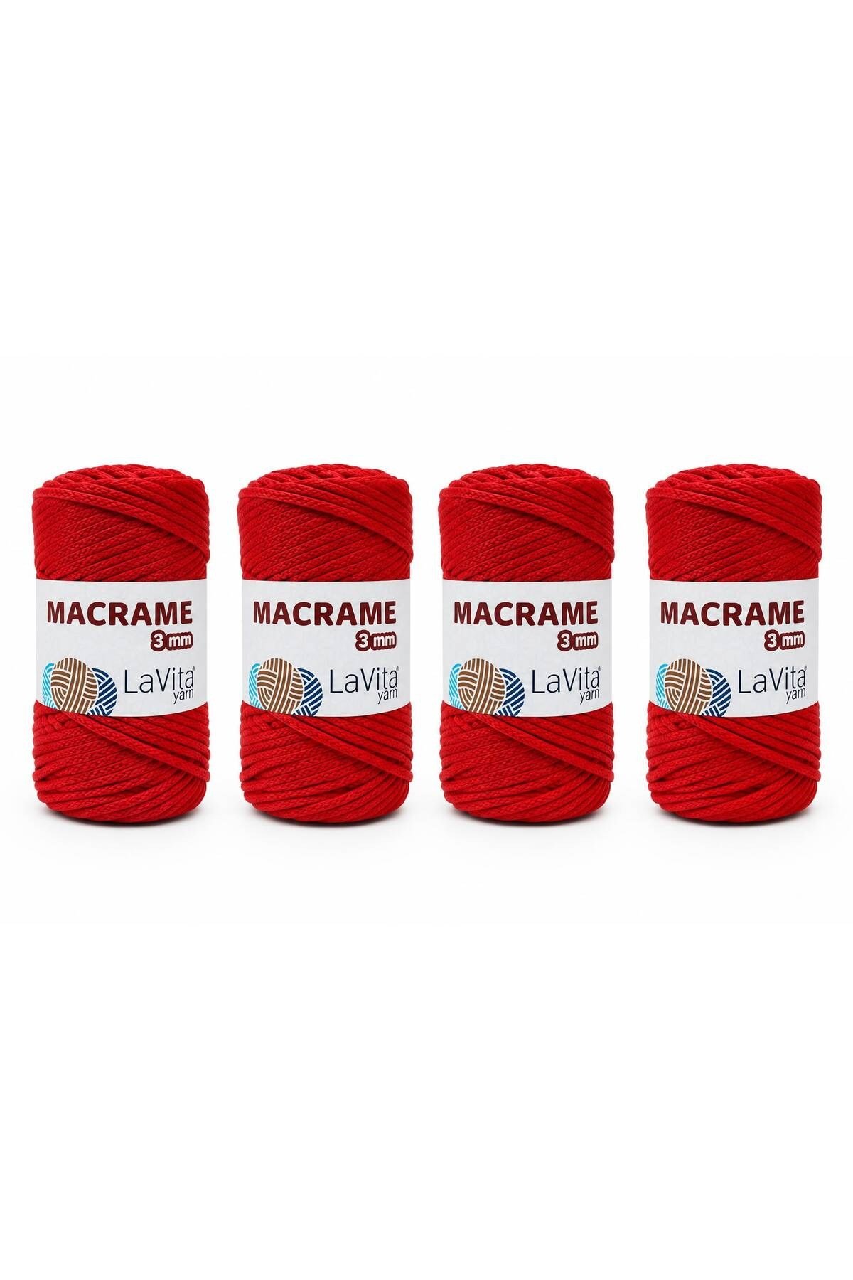 LaVita Macrame El Örgü İpi %100 Polyester 3MM 1 KİLOGRAM 4 ADET (100 BAYRAK KIRMIZI)