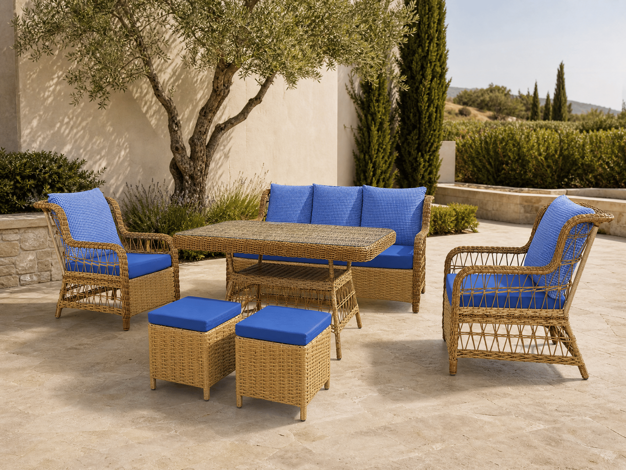 Ebru-1 Rattan Bahçe Takımı – Mavi Minderli Bahçe Oturma Grubu