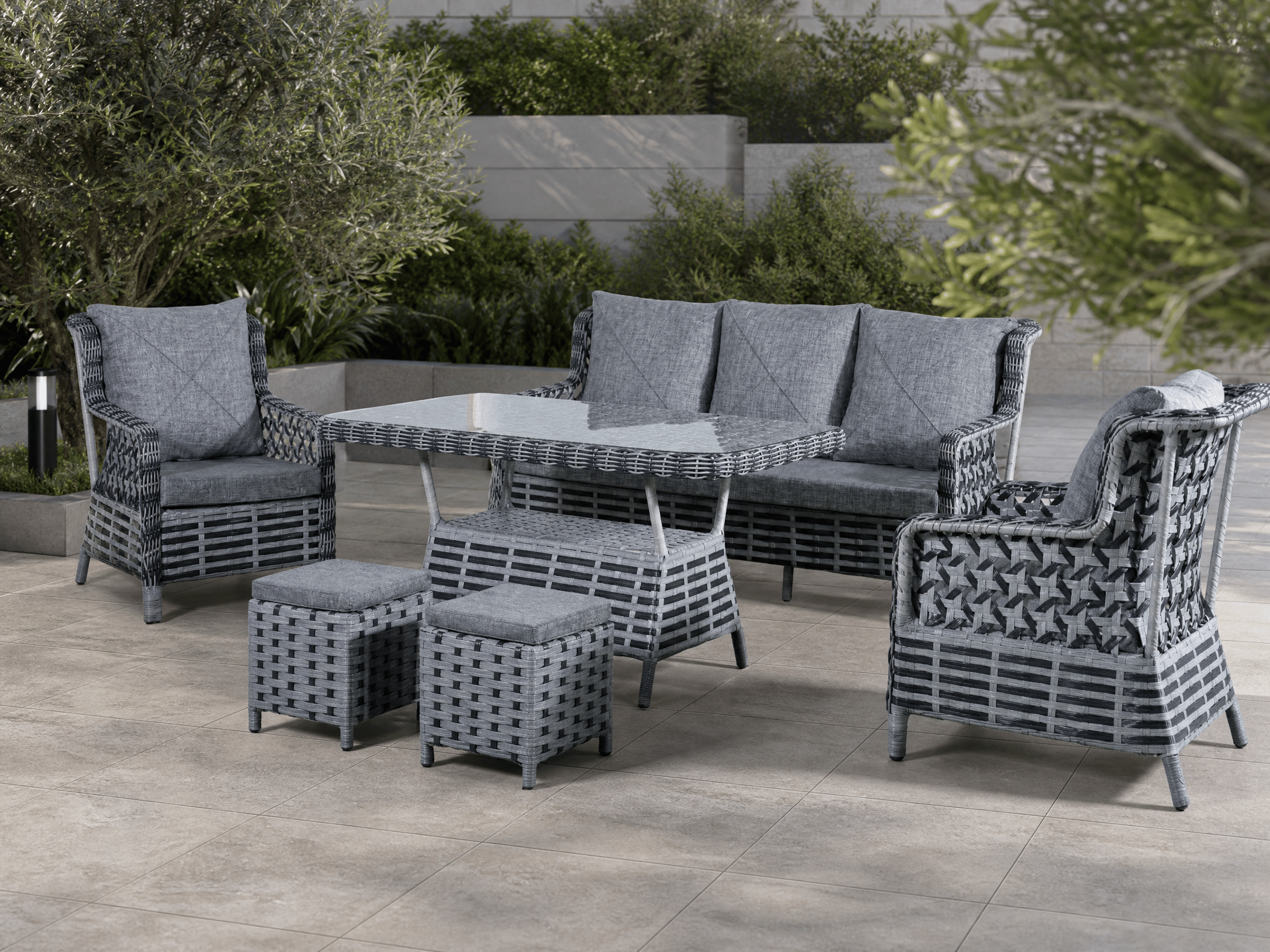 Gri-Beyaz Rattan Bahçe Takımı – Gri Minderli Modern Bahçe Oturma Grubu