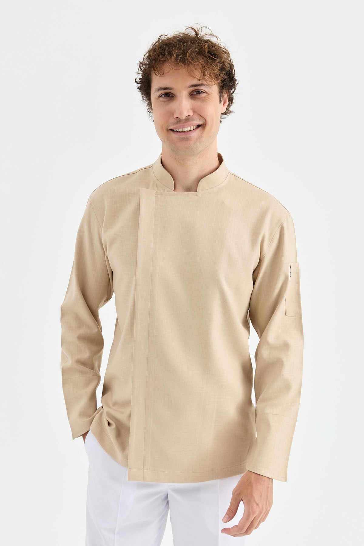 1923 Gizli Pat Erkek Şef Ceketi Koyu Bej - Keten Dokulu Esnek Mutfak Kıyafeti - MyChef Uniforms