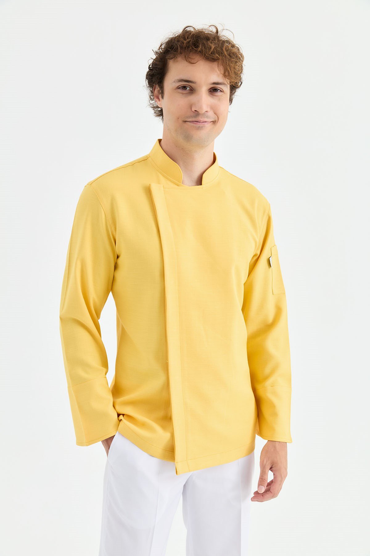 1923 Gizli Pat Erkek Şef Ceketi Sarı - Keten Dokulu Esnek Mutfak Kıyafeti - MyChef Uniforms