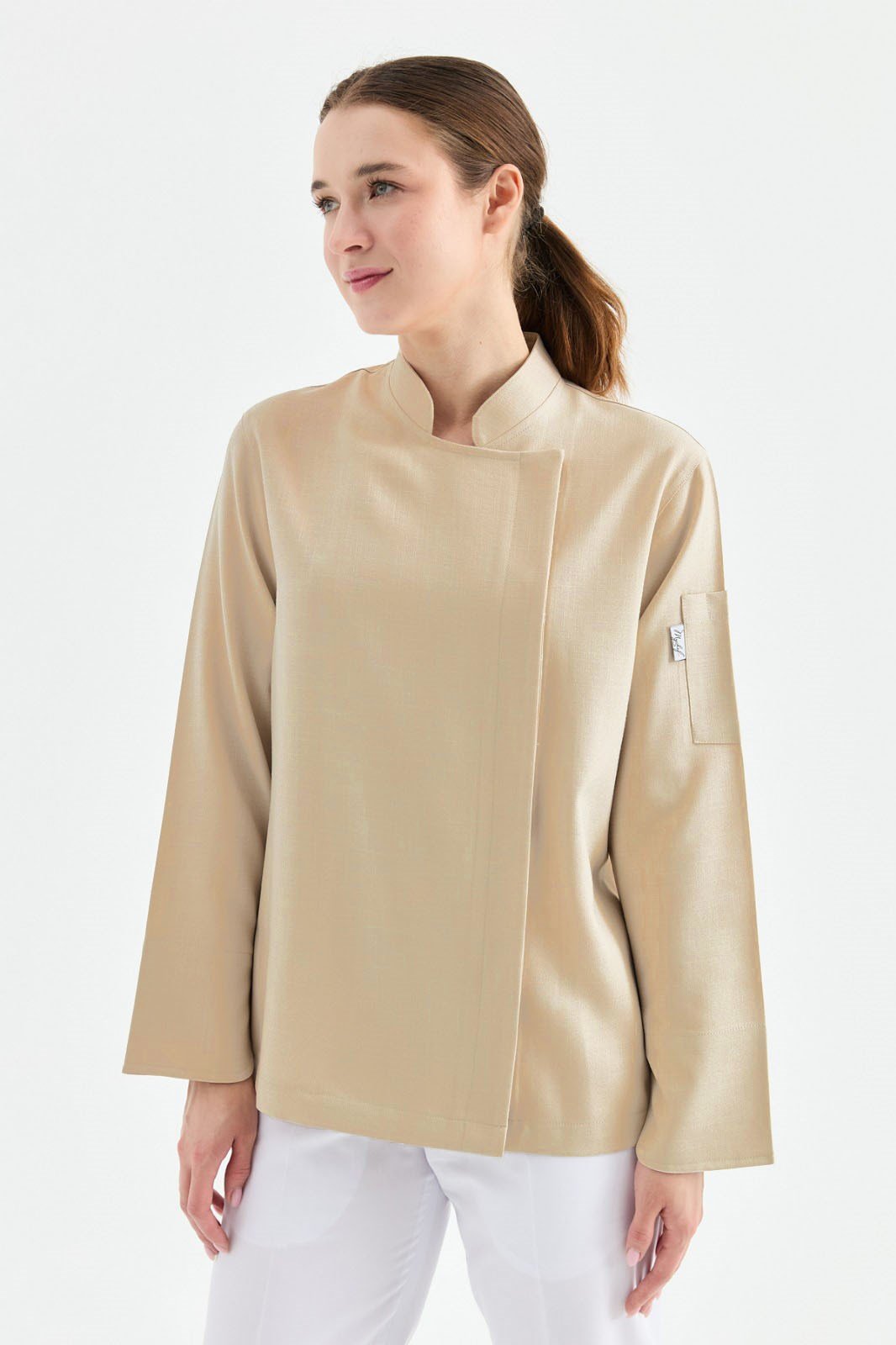 1923 Gizli Pat Şef Ceketi Koyu Bej - Keten Dokulu Esnek Mutfak Kıyafeti - MyChef Uniforms