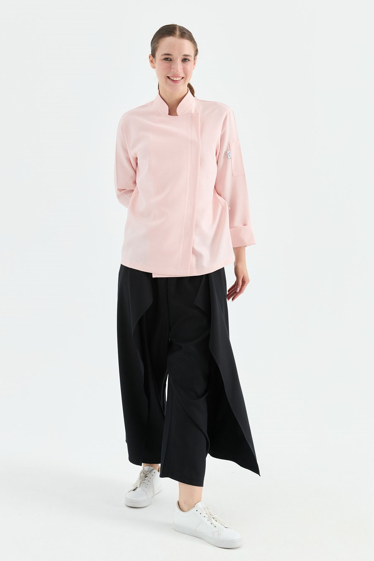 1923 Gizli Pat Şef Ceketi Pembe - Keten Dokulu Esnek Mutfak Kıyafeti - MyChef Uniforms