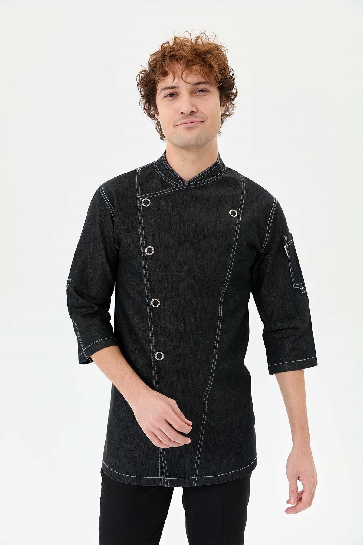 Denim Asimetrik Işıltı Yarım Kol Erkek Şef Ceketi Simli Siyah - Esnek Denim - MyChef Uniforms