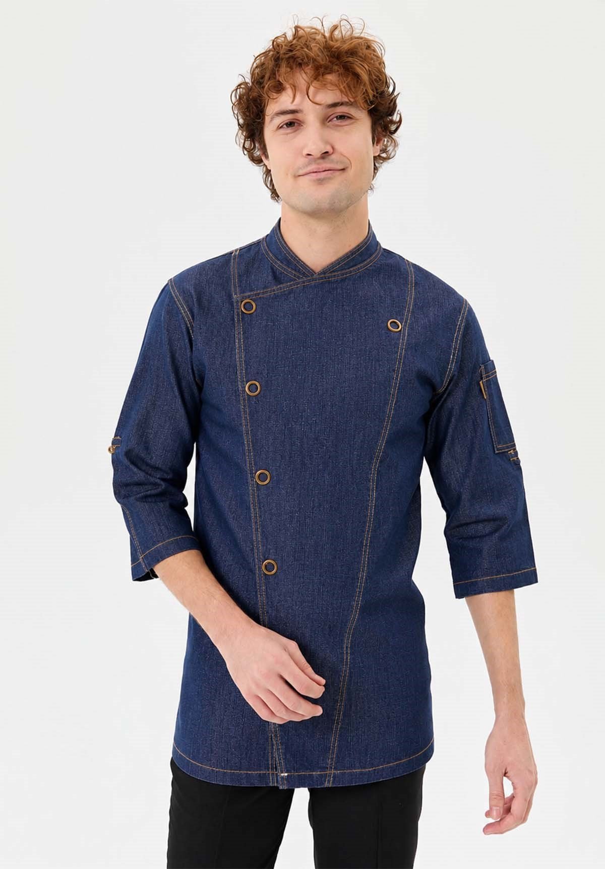 Denim Asimetrik Yarım Kol Şef Ceketi Koyu Lacivert - Kırmızı Dokuma - MyChef Uniforms
