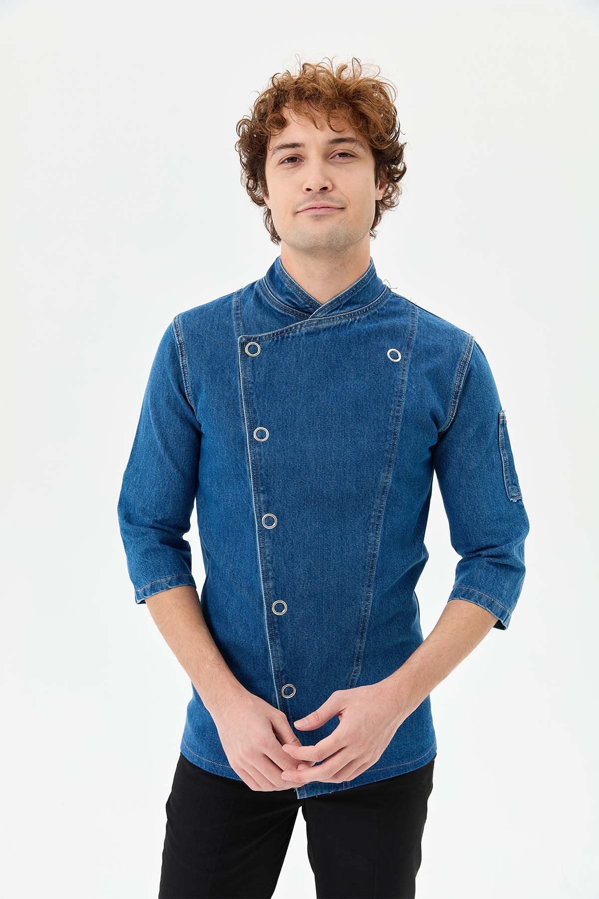 Denim Asimetrik Klasik Yarım Kol Şef Ceketi Mavi - Pamuk Denim - MyChef Uniforms