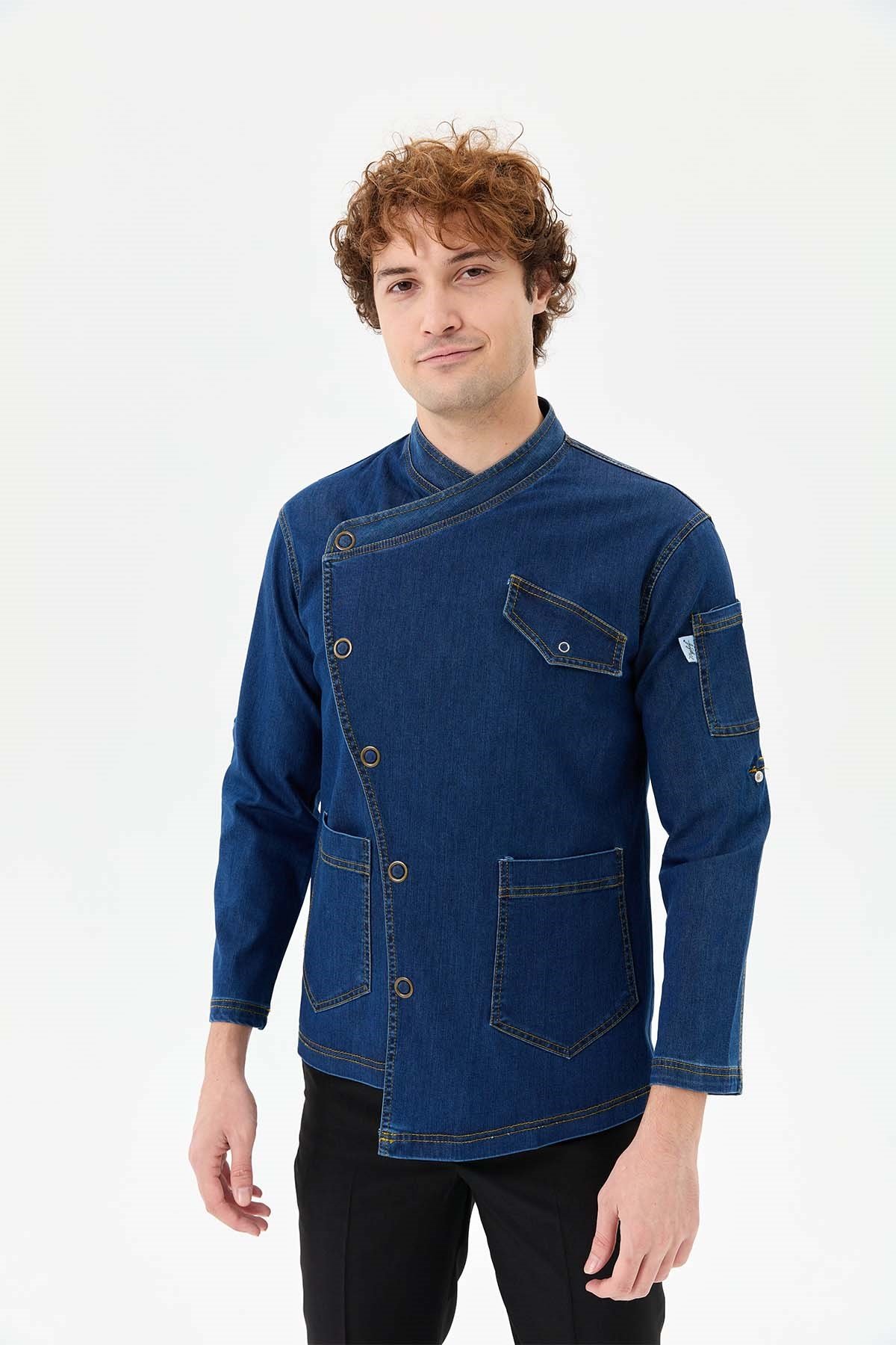 Denim Rana Cepli Uzun Kol Şef Ceketi Koyu Mavi - Fonksiyonel Denim - MyChef Uniforms