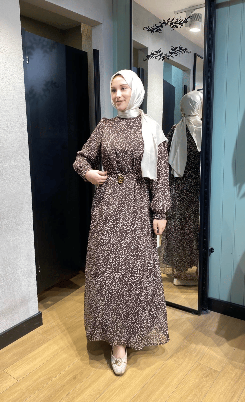 Desenli Şifon Elbise Kahverengi 