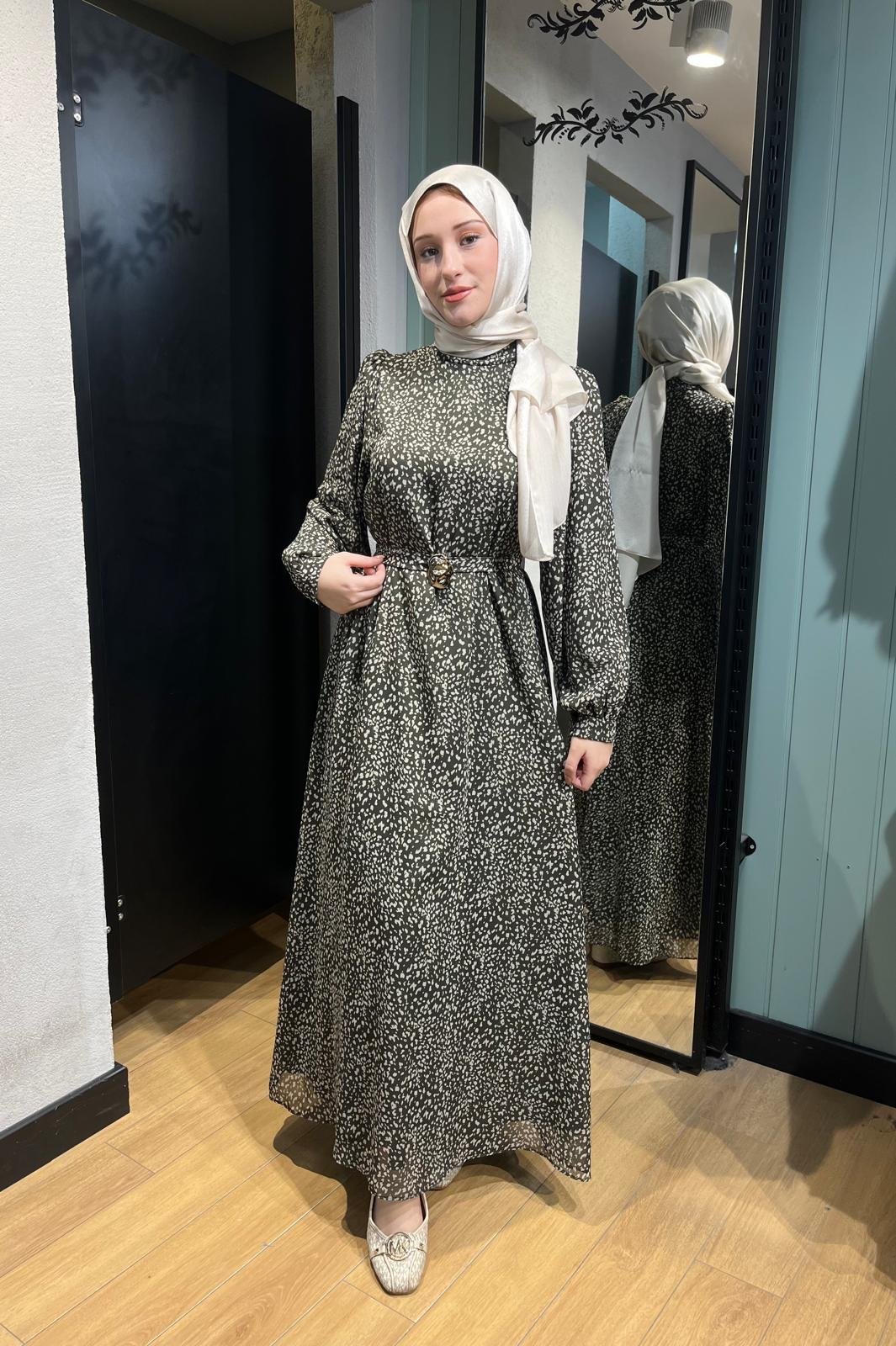 Desenli Şifon Elbise Yeşil