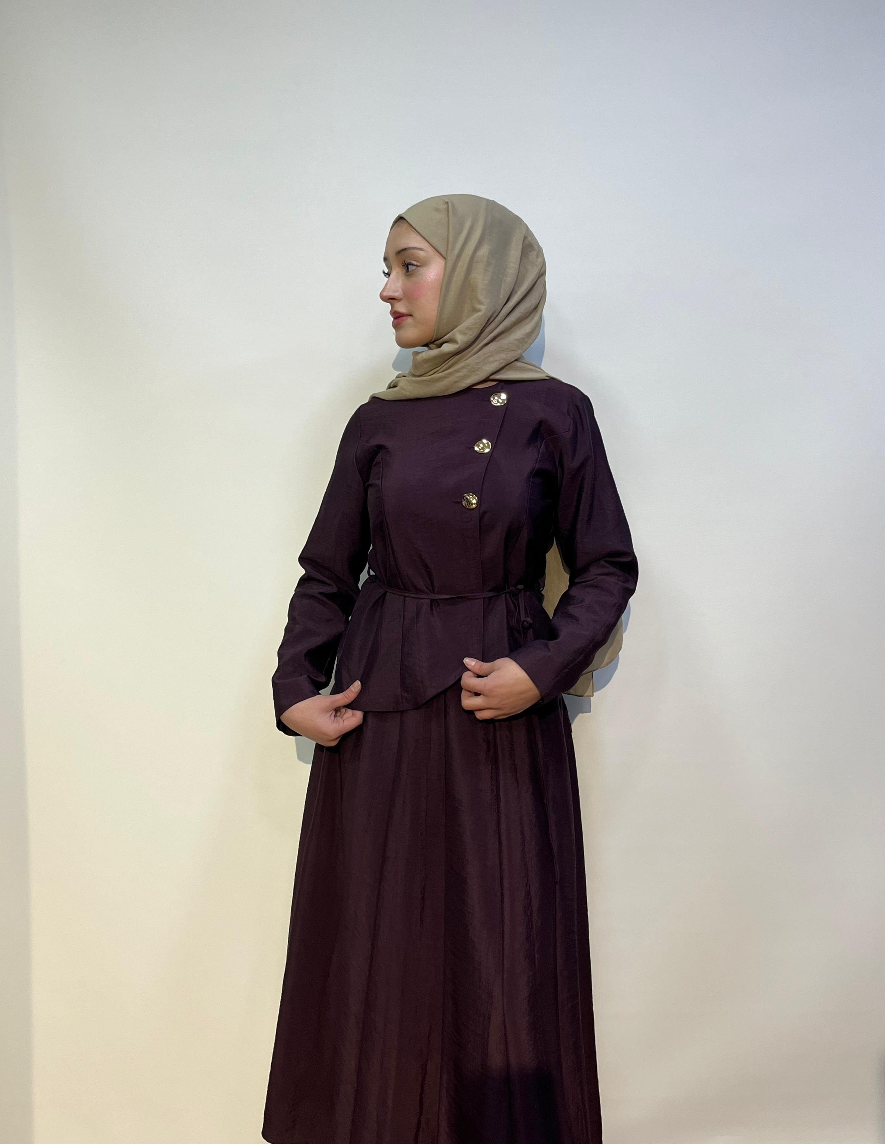 Düğme Detaylı Etekli Takım Mürdüm