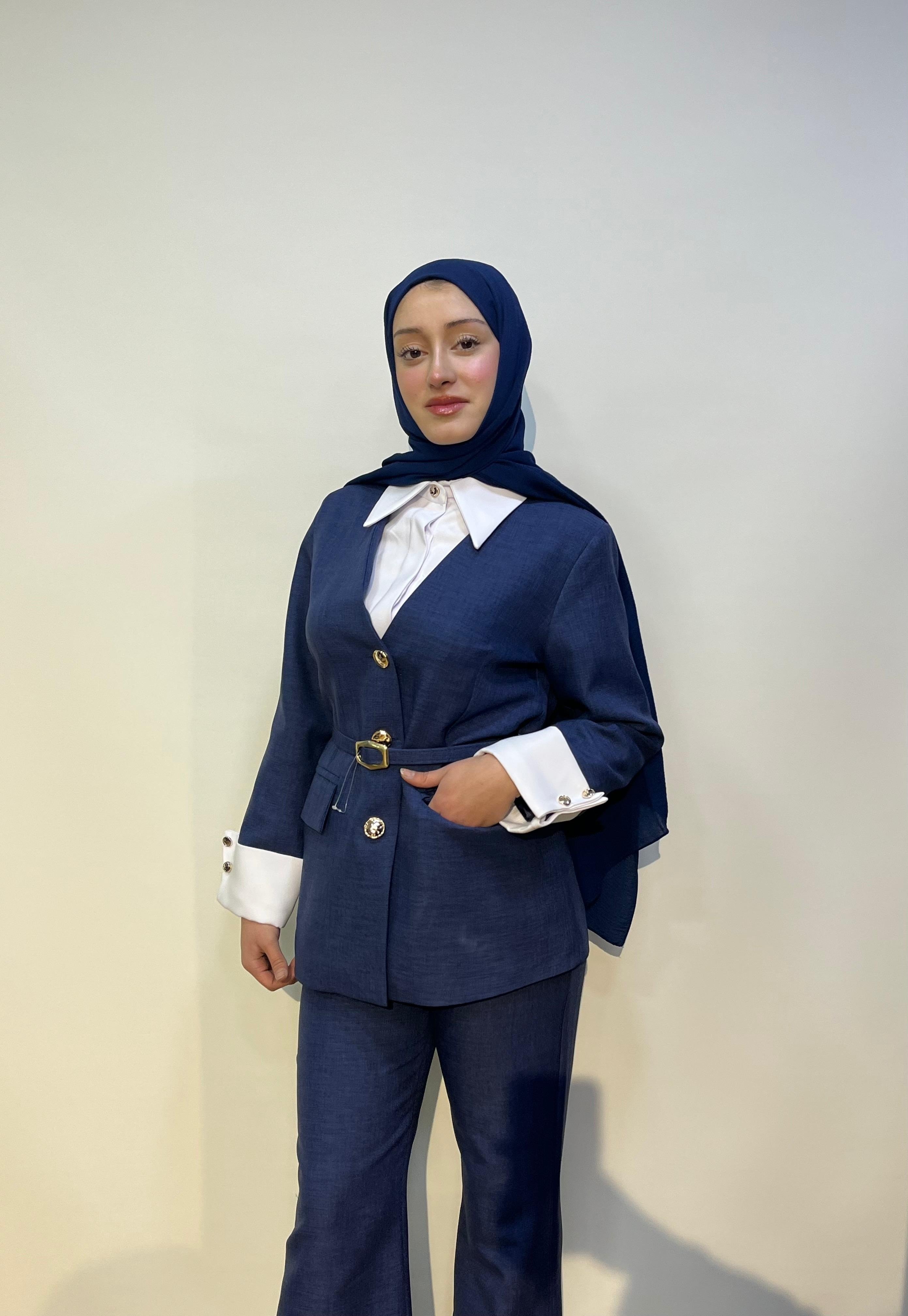 Kemerli Gömlek Yaka Takım Lacivert