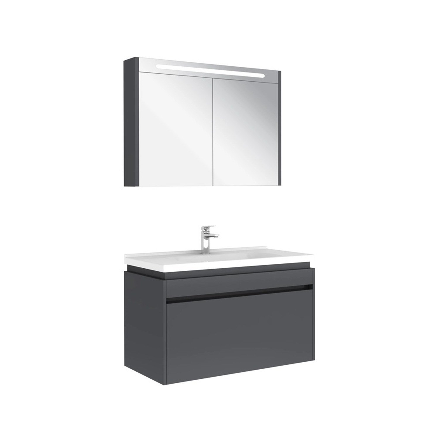610100200495IDEA 2.0 100 CM PARLAK ANTRASİT 1 ÇEKMECELİ ALT DOLAP + LAVABO + 100 CM LED AYDINLATMALI PARLAK ANTRASİT AYNA DOLAP