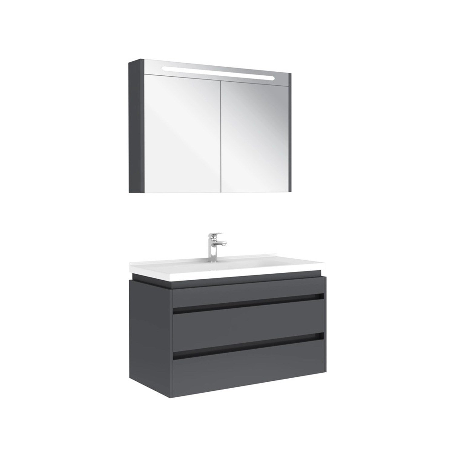 610100200519IDEA 2.0  100 CM PARLAK ANTRASİT 2 ÇEKMECELİ ALT DOLAP + LAVABO + 100 CM LED AYDINLATMALI PARLAK ANTRASİT AYNA DOLAP