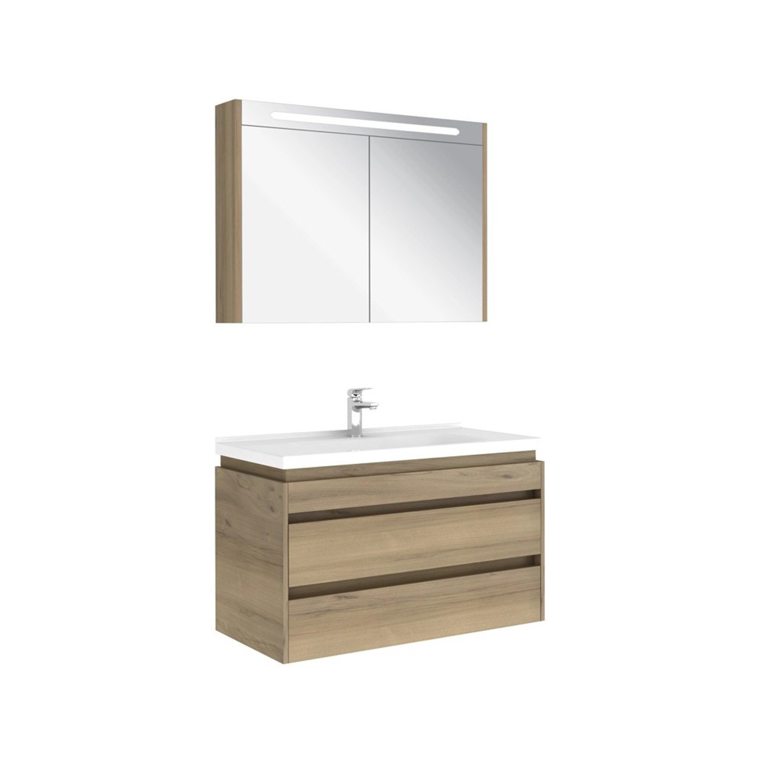 610100200520IDEA 2.0  100 CM PASİFİK A 2 ÇEKMECELİ ALT DOLAP + LAVABO + 100 CM LED AYDINLATMALI PASİFİK A AYNA DOLAP